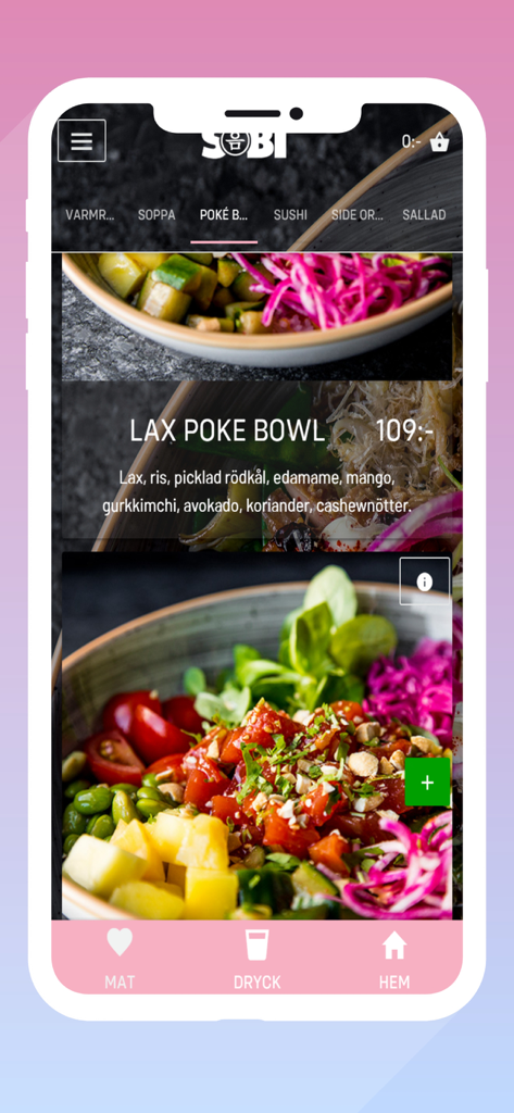Sobi - Sobiモバイルアプリのインターフェース。価格と説明付きのポケボウルメニューアイテムを表示。