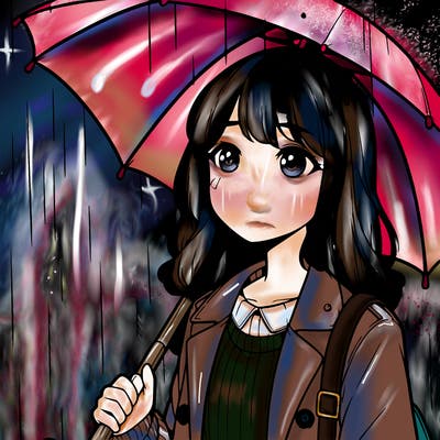 a realistic girl in the rain with an umbrella