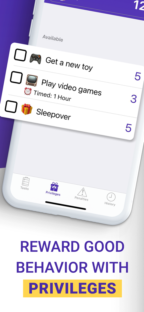 Mobile app interface showing reward privileges like toys and video games redeemable for points.