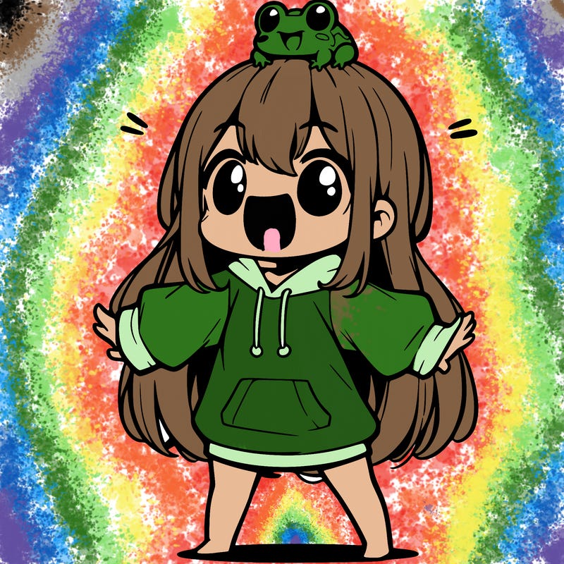 a excited chibi girl whith long hair and a baggy shirt whith a frog on there head