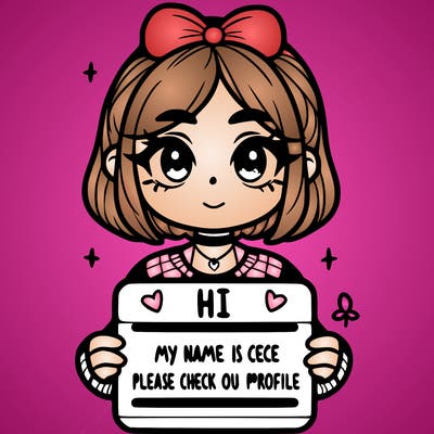 a girl holding a sign that say hi my name is cece please check out my profile