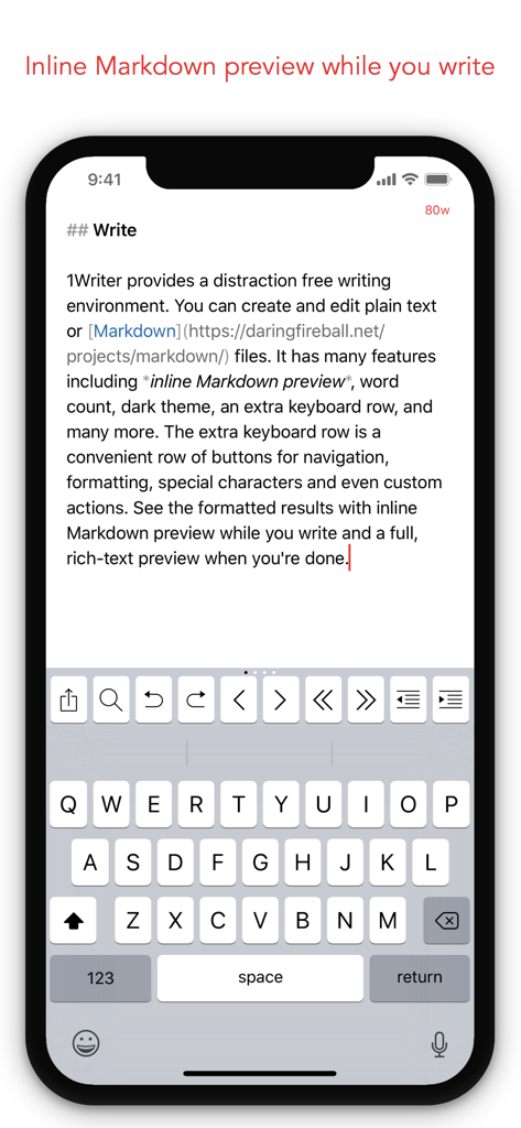 1Writer Markdownテキストエディタが、iPhone上でインラインプレビューと拡張キーボードを表示