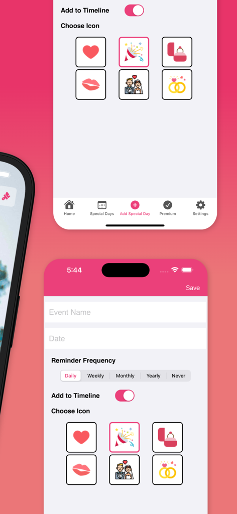 Interface de aplicativo móvel para adicionar um marco de relacionamento especial com ícones personalizados e configurações de frequência