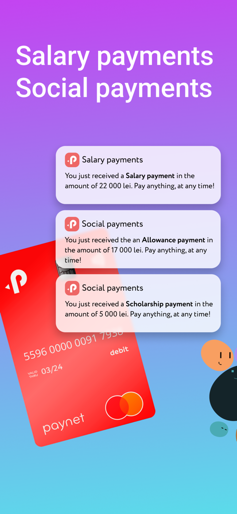 Paynet Wallet app interface showing notifications for salary and social payments with a red Mastercard