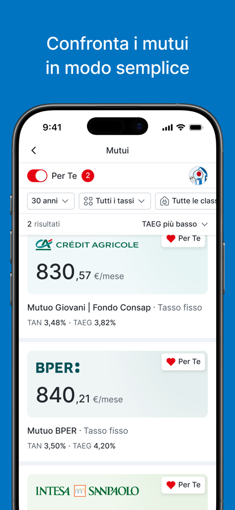 Immobiliare.it Mutui - A smartphone interface displaying a comparison of mortgage offers from several banks with monthly payment details