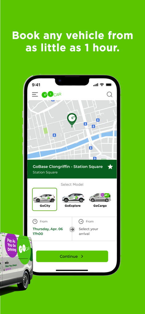 Smartphone screen displaying the GoCar app booking process with a map and vehicle model selection