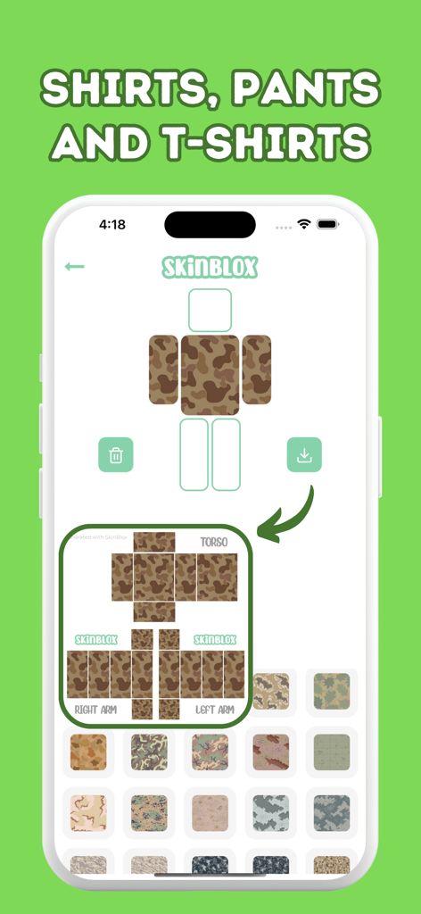 SkinBlox-Skin Maker for Roblox - Roblox skin maker app interface displaying a camouflage clothing template