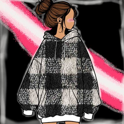 realistic girl with a oversized sweatshirt on and a bun