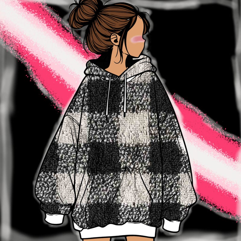 realistic girl with a oversized sweatshirt on and a bun