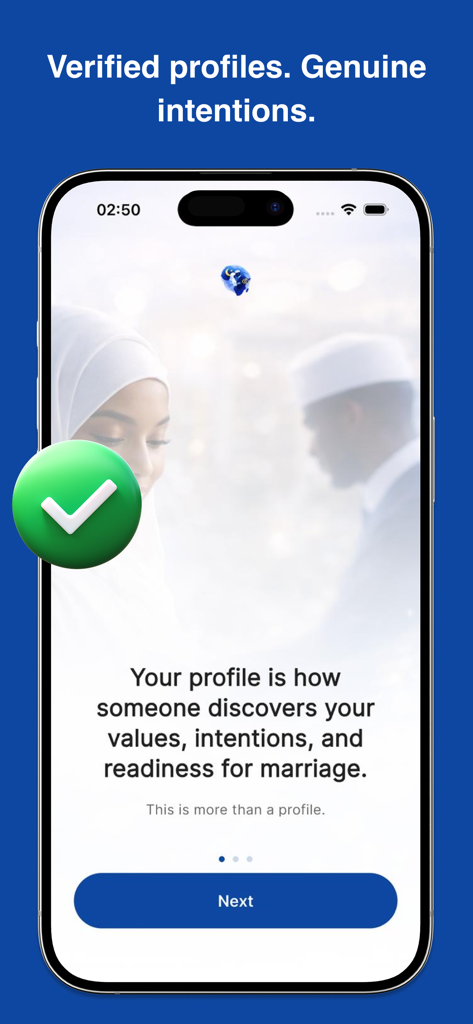 AfroHalalPair - AfroHalalPair app onboarding screen featuring a green verification checkmark and text about genuine marriage intentions for African Muslims.