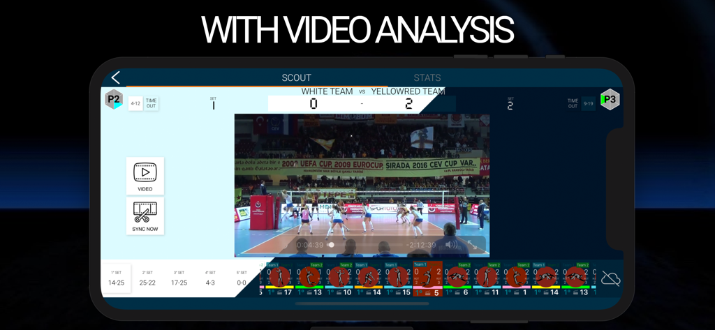 NS Volley Scout PROバレーボールコーチングアプリのビデオ分析インターフェース。