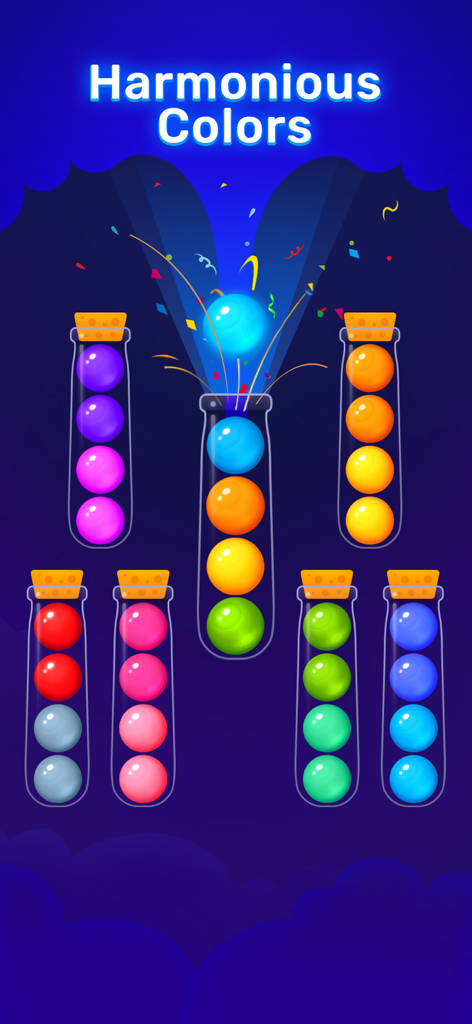 Ball Sort - Color Sort Puzzle! - ガラス管にソートされた色付きのボールを示すモバイルゲームのスクリーンショット