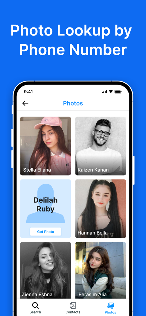 Show Caller Name & Block Spam - Interface of the Show Caller Name app showing the photo lookup gallery with contact names and profile images.