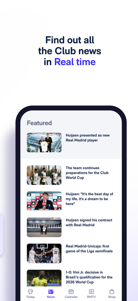 Mobile app screen for Real Madrid showing real time club news and player updates