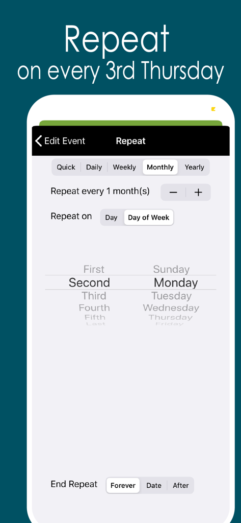 Interface de l'application Awesome Calendar Lite montrant les paramètres pour répéter un événement un jour spécifique de la semaine, comme tous les troisièmes jeudis.