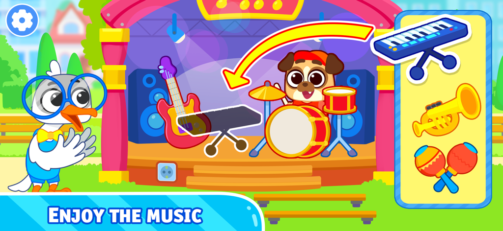 Cachorro de desenho animado tocando bateria e personagem de pássaro em um palco musical com instrumentos