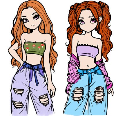 2 girls in crop tops and baggy jeans ripped