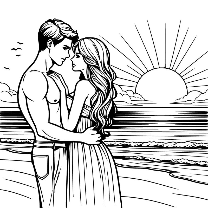 realistic woman and man at sunset on beach romantic