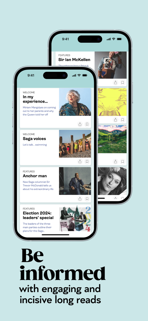 Interfaz de la aplicación Saga Magazine que presenta entrevistas a celebridades y artículos de noticias.