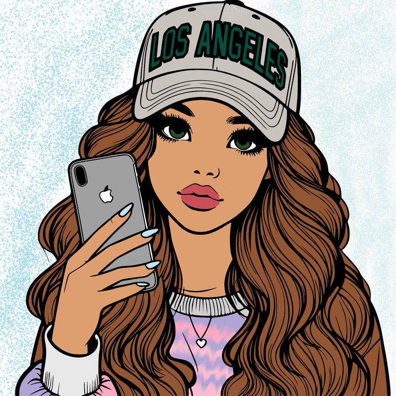 realistic beautiful girl wearing los ángeles cap holding an iphone