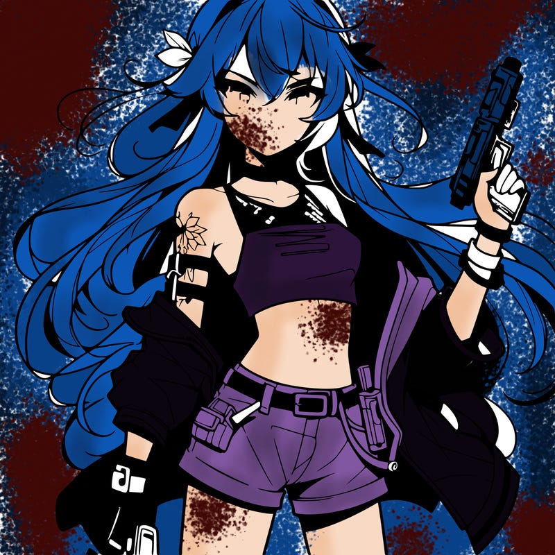 bad girl wearing crop top holding a gun long hair anime