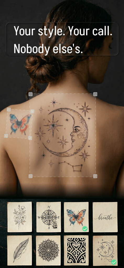 Tattoo Try - AI Tattoo Try On - Una vista previa de un diseño de tatuaje de luna y estrellas en la espalda de una mujer usando la aplicación Tattoo Try AI