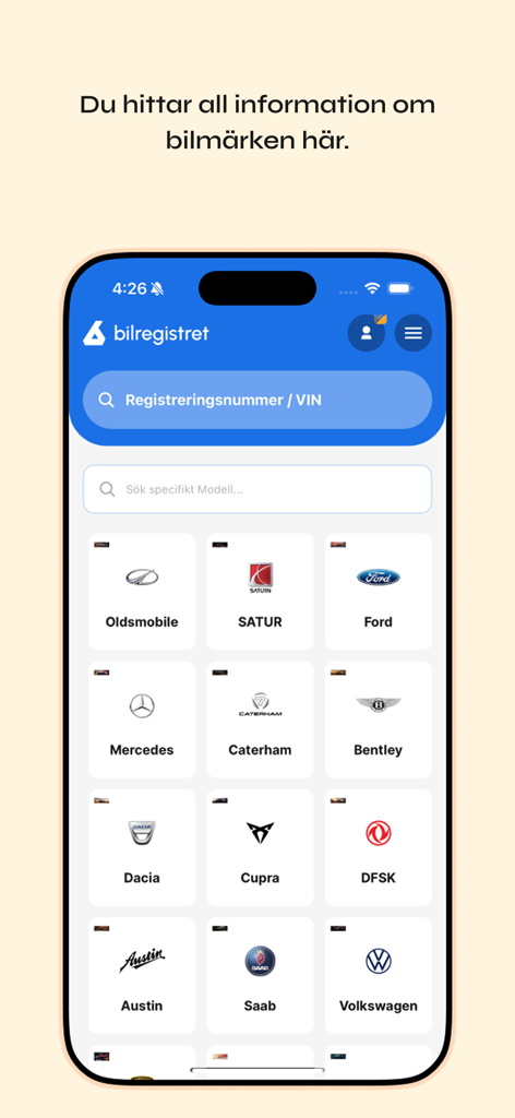 Bilregistret.ai mobile app interface showing a search bar for VIN numbers and a grid of various car brand logos.