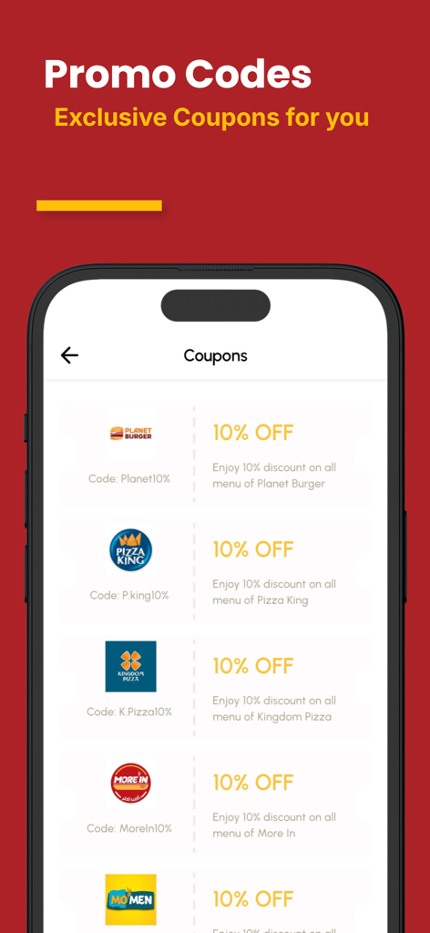 HurryApp | Food & more - Mobile app screen for HurryApp showing exclusive food delivery promo codes and restaurant discounts in Egypt