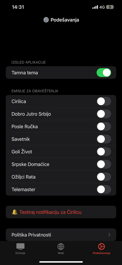 The settings screen of the HappyTV Live app with options for dark theme and show notifications.