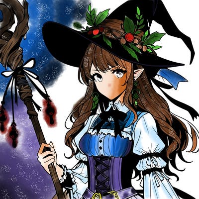 a realistic fantasy manga witch with a staff