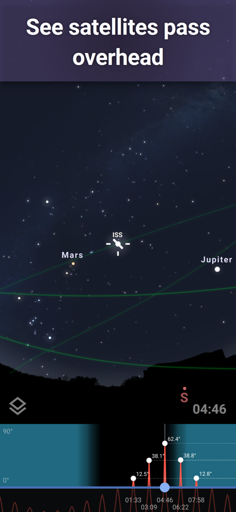 Interface of Stellarium Mobile app showing the International Space Station tracking path above Mars and Jupiter in the night sky