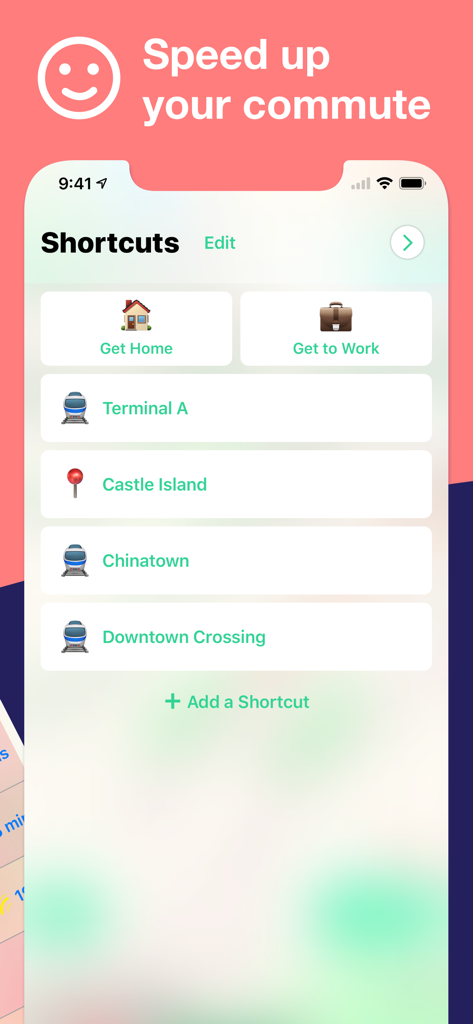 Boston T Subway Map & Routing - Shortcuts screen in the Boston T Subway app showing quick access buttons for home, work, Terminal A, and Chinatown.