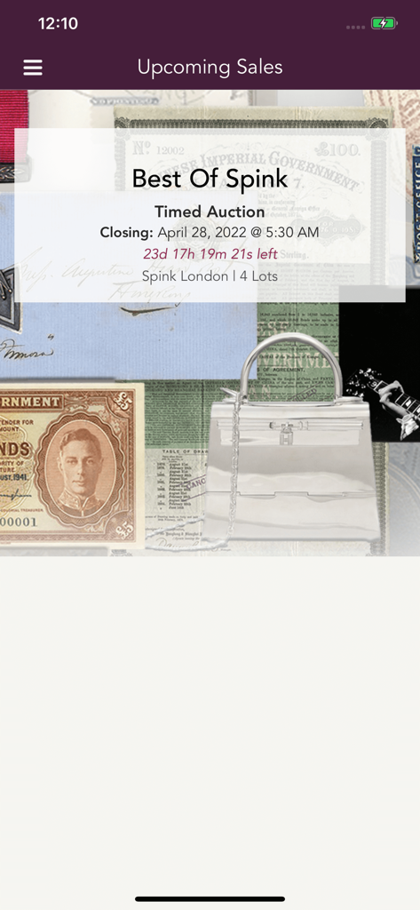 Spink Live - Spink Live mobile app interface showing a featured Best of Spink timed auction with rare collectibles