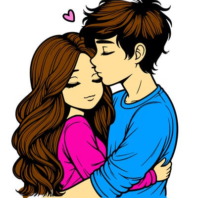a realistic couple boy and girl hugging and kissing