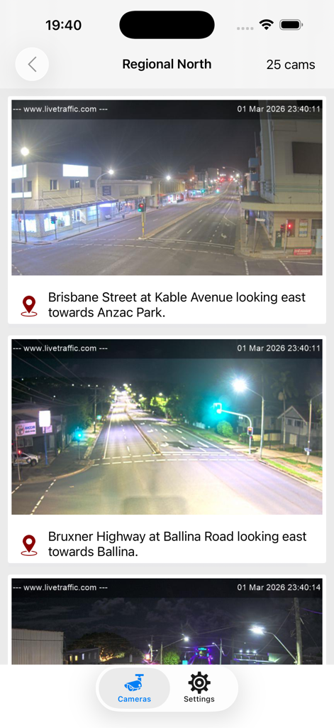 A list of live night traffic camera feeds in the Regional North section of the Traffic Cameras Australia app showing road intersections and highways.