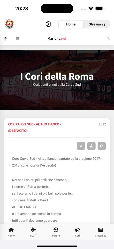 Te la do io Tokyo 2.0 - Screenshot of the AS Roma chants section in the Te la do io Tokyo 2.0 app featuring lyrics for Curva Sud songs