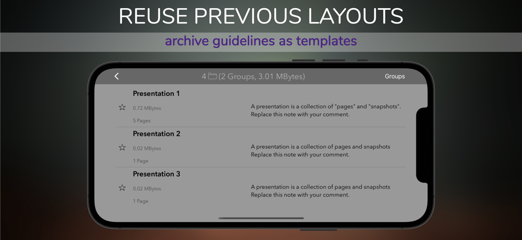 Designs+ for UI Design - A screenshot of the Designs+ app project management screen showing a list of saved presentation layouts for reuse