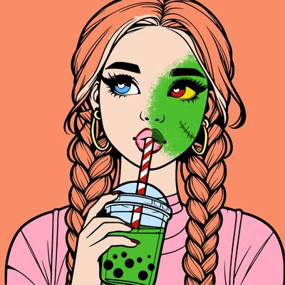 realistic girl with braided hair drinking boba