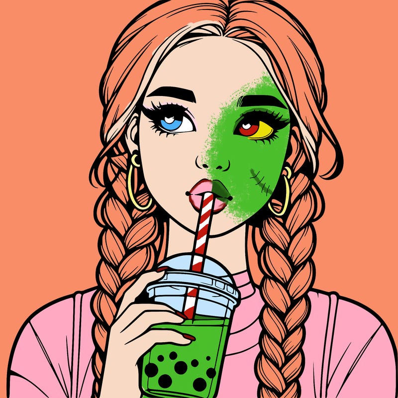 realistic girl with braided hair drinking boba