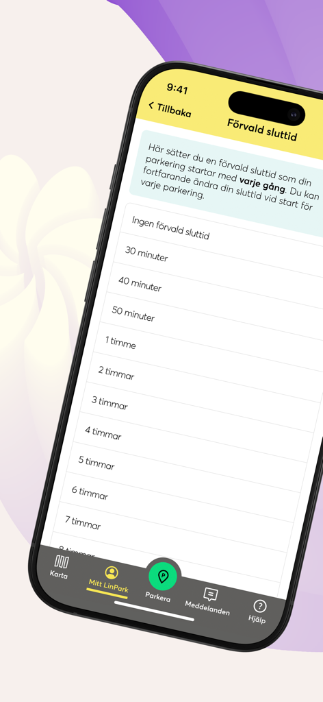 A screenshot of the LinPark app showing the default end time settings for parking sessions in Linköping.