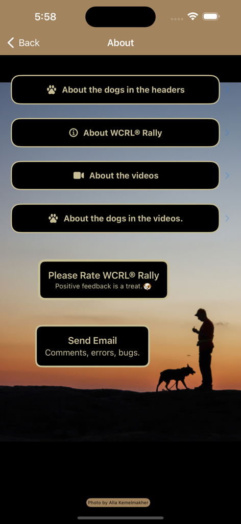 WCRL® Rally Dog Obedience - WCRL Rally Dog Obedience app about screen with information links and a silhouette of a trainer and dog at sunset