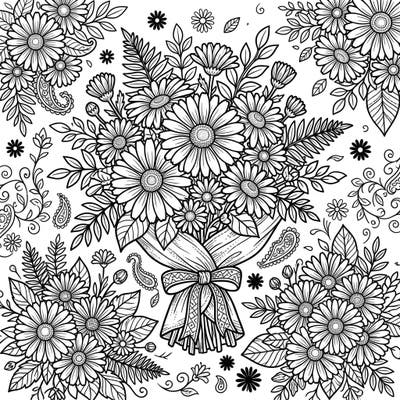 Discover this beautiful coloring page featuring a lush daisy bouquet, designed specifically for teens who love intricate floral designs. Immerse yourself in a world of delicate petals and detailed patterns, ready for your artistic touch.