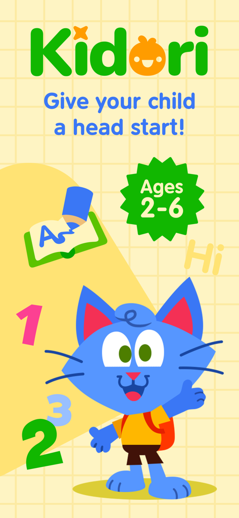 Kidori - Kids Learning Games - バックパックを背負った青い猫のキャラクターと、2歳から6歳向けの教育アイコンが表示された、Kidori学習アプリのスプラッシュ画面