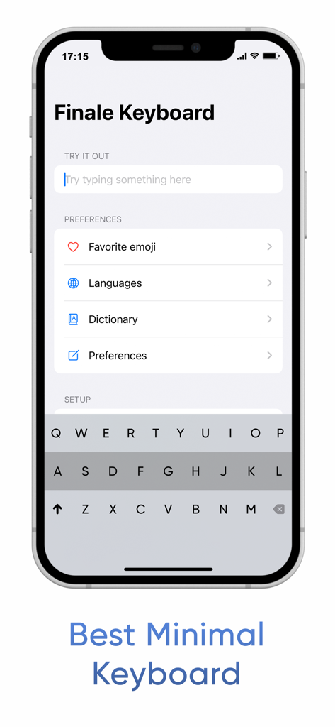 Finale Keyboard - Finale Keyboard app interface on iPhone showing a minimalist keyboard and preferences menu