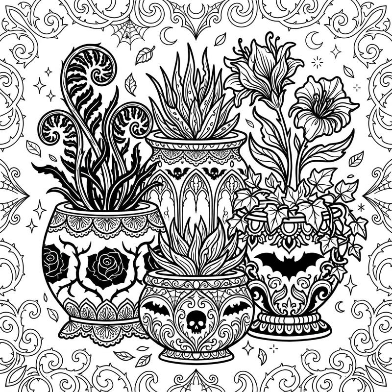 Unleash your inner artist with this captivating coloring page featuring intricate ceramic plant pots adorned with gothic designs. Perfect for fans of dark aesthetics and detailed botanical illustrations, offering hours of creative relaxation.