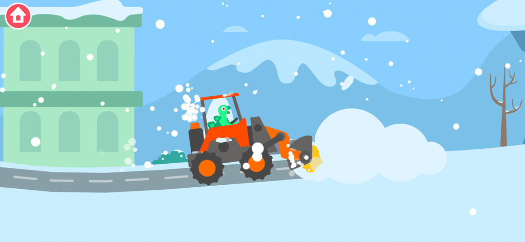 Un dinosaure conduisant un chasse-neige orange sur une route enneigée