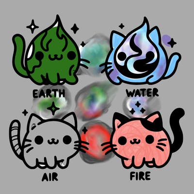 4 cats that represent the different elements, earth, water, air, and fire
