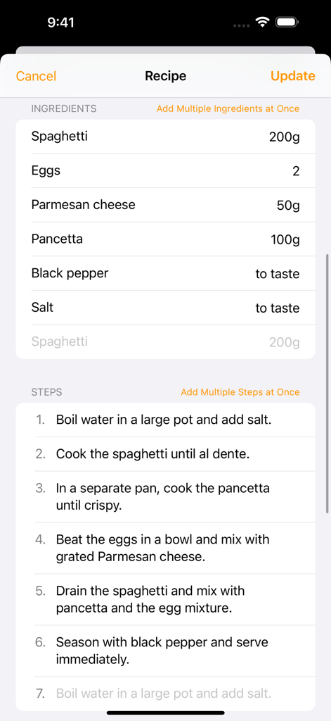 Cookle - Smartphone screenshot of the Cookle app interface displaying a pasta recipe with ingredients list and numbered cooking instructions