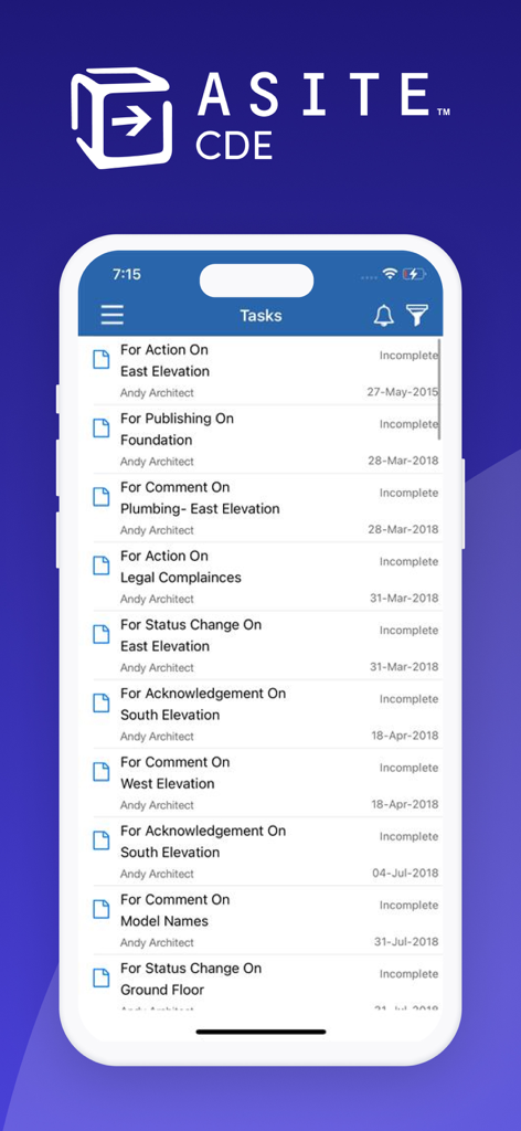 Asite CDE Mobile - Asite CDE Mobile app interface displaying a list of project tasks and action items for construction site management