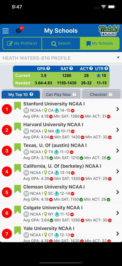 Match! Tennis App - Screenshot of Match Tennis App showing college recruiting stats and a list of top universities with academic and tennis requirements